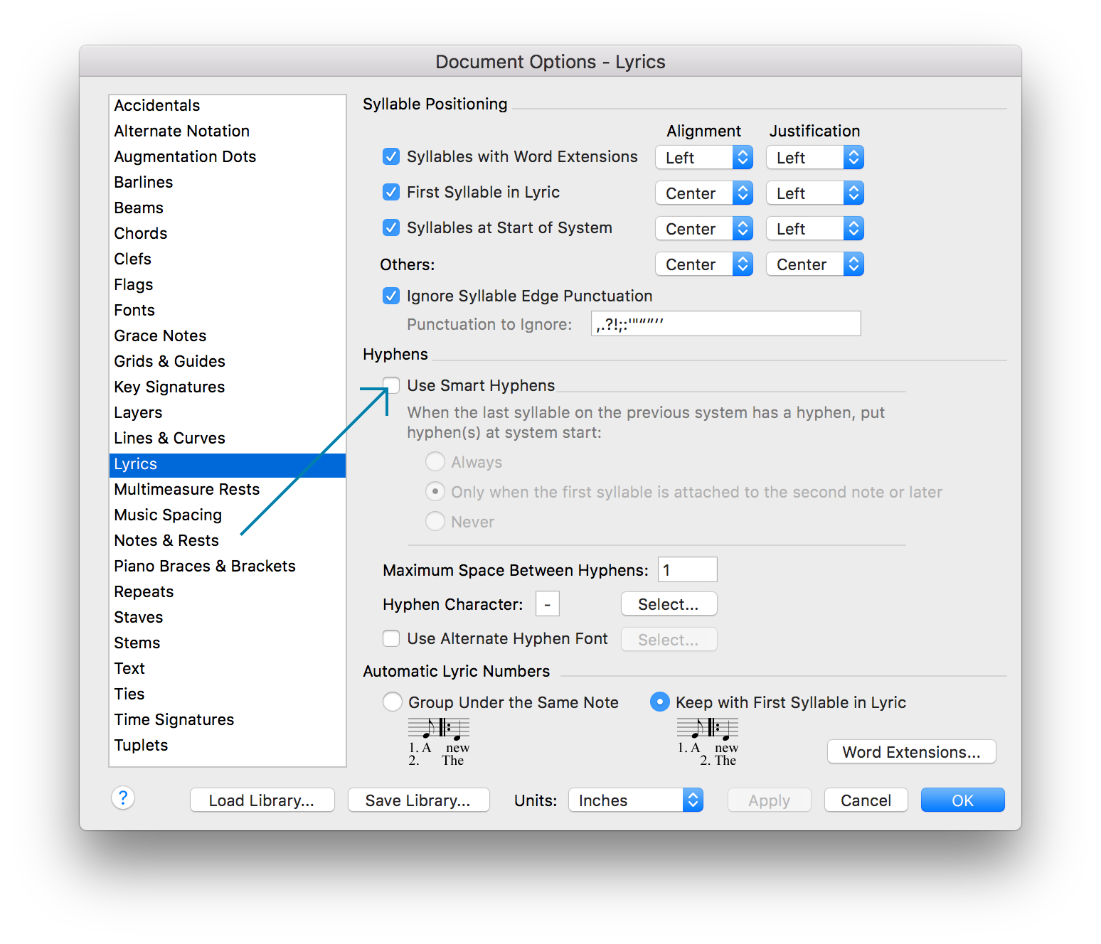 Document Options - Lyrics dialog box with Use Smart Hyphens highlighted
